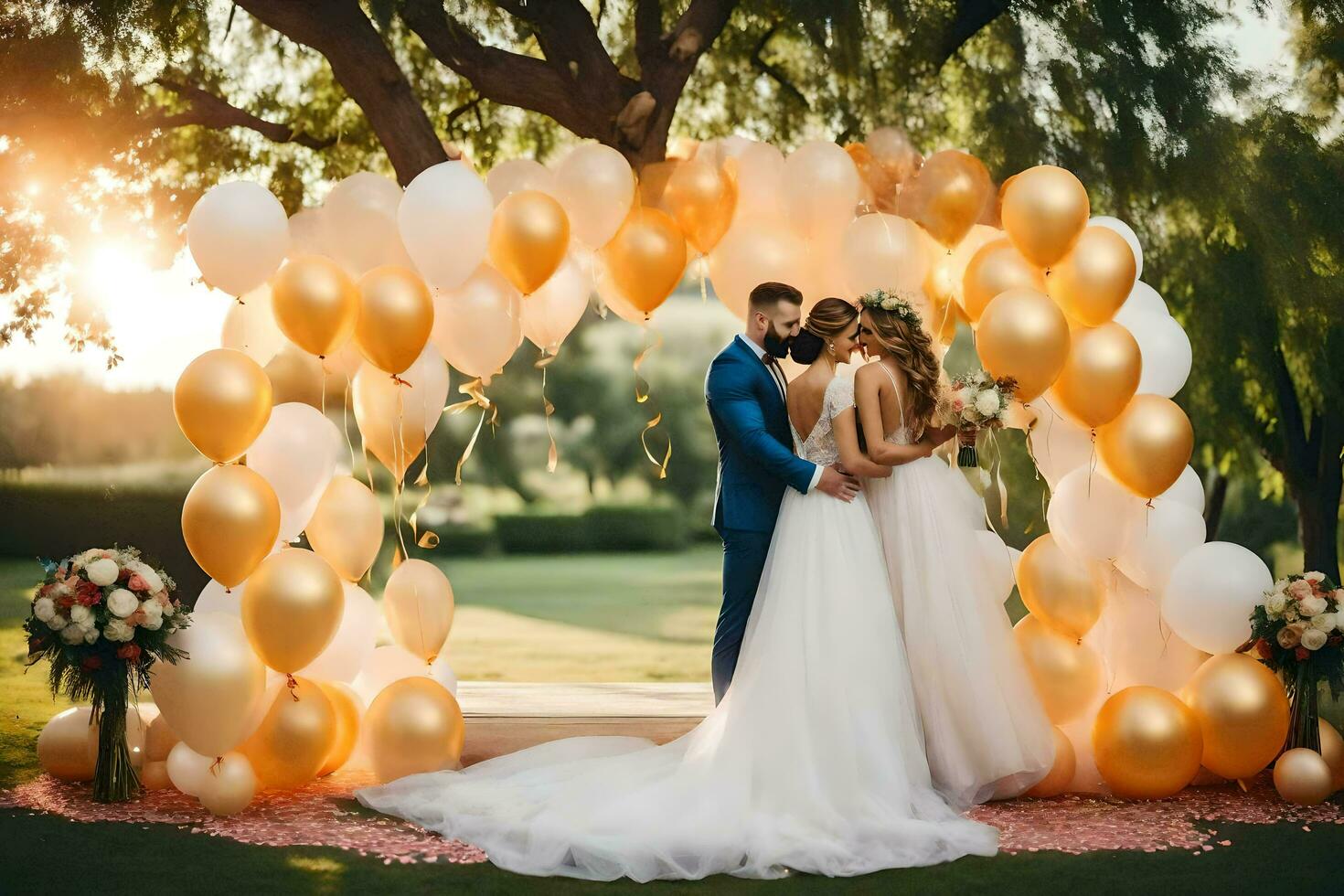 wedding couple kissing under the arch of balloons. AI-Generated photo