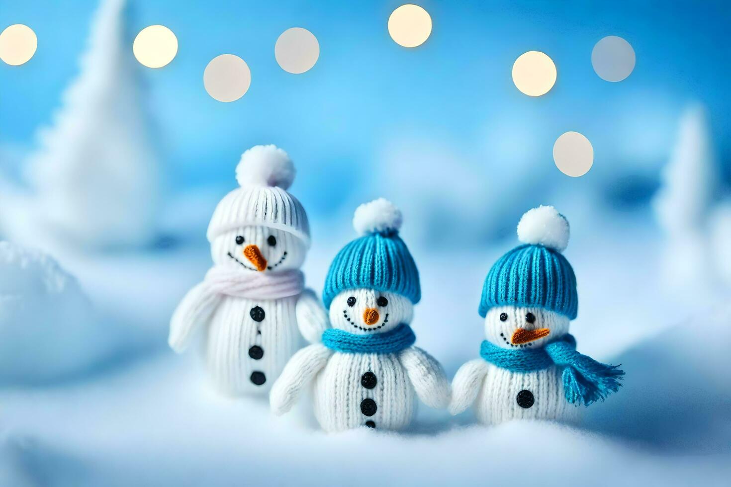 three snowmen wearing blue hats and scarves. AI-Generated photo