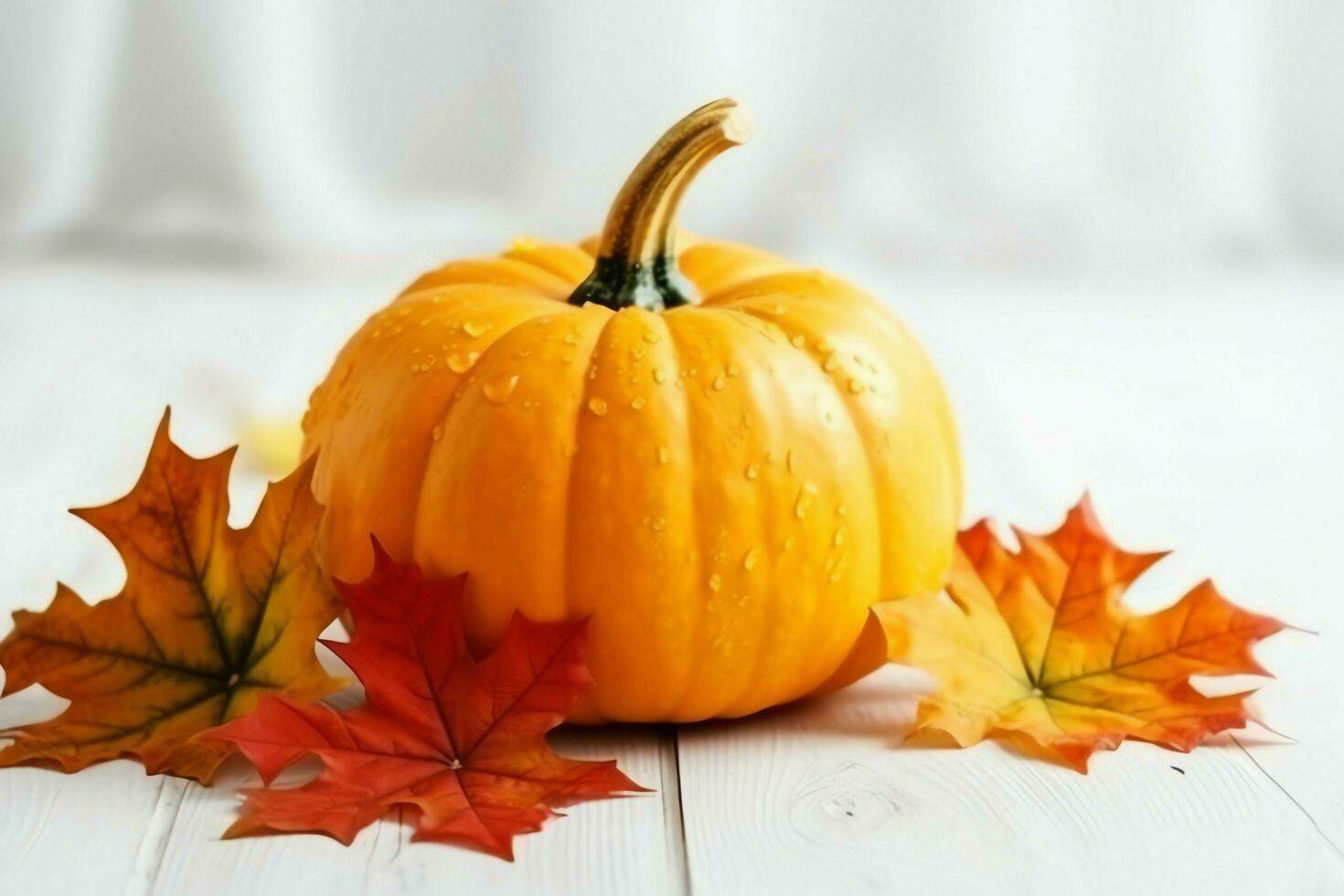 Decorative pumpkin background and dry autumn leaves on wooden arrangement indoors. Halloween concept by AI generated photo