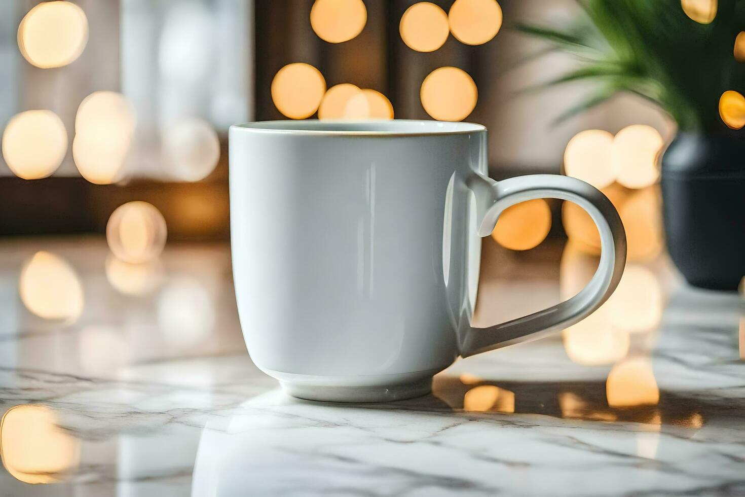 a white coffee cup sitting on a marble counter. AI-Generated photo