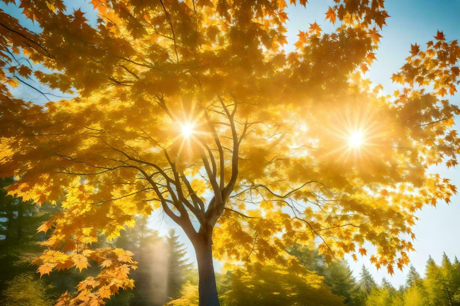 the sun shines through the leaves of a tree in the autumn. AI-Generated photo