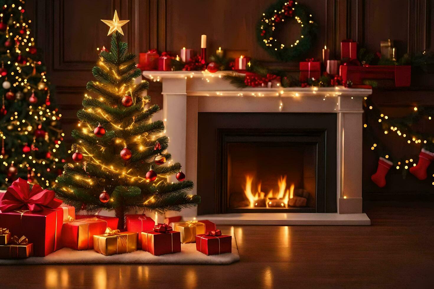 christmas tree and presents in front of fireplace. AI-Generated photo