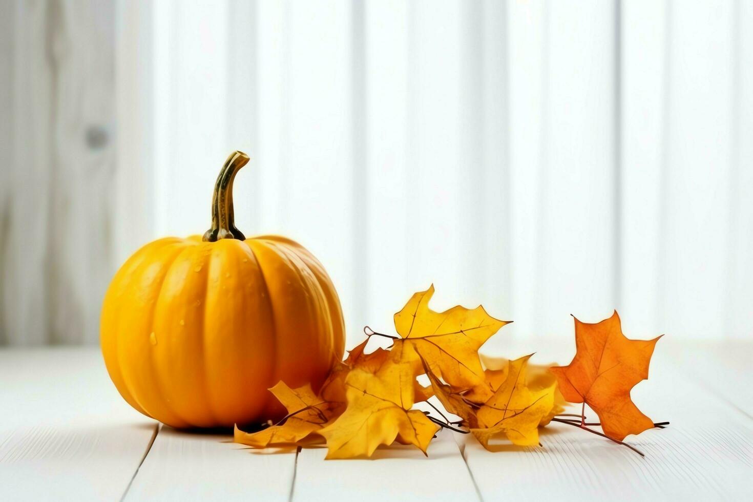 decorativo calabaza antecedentes y seco otoño hojas en de madera arreglo adentro. Víspera de Todos los Santos concepto por ai generado foto