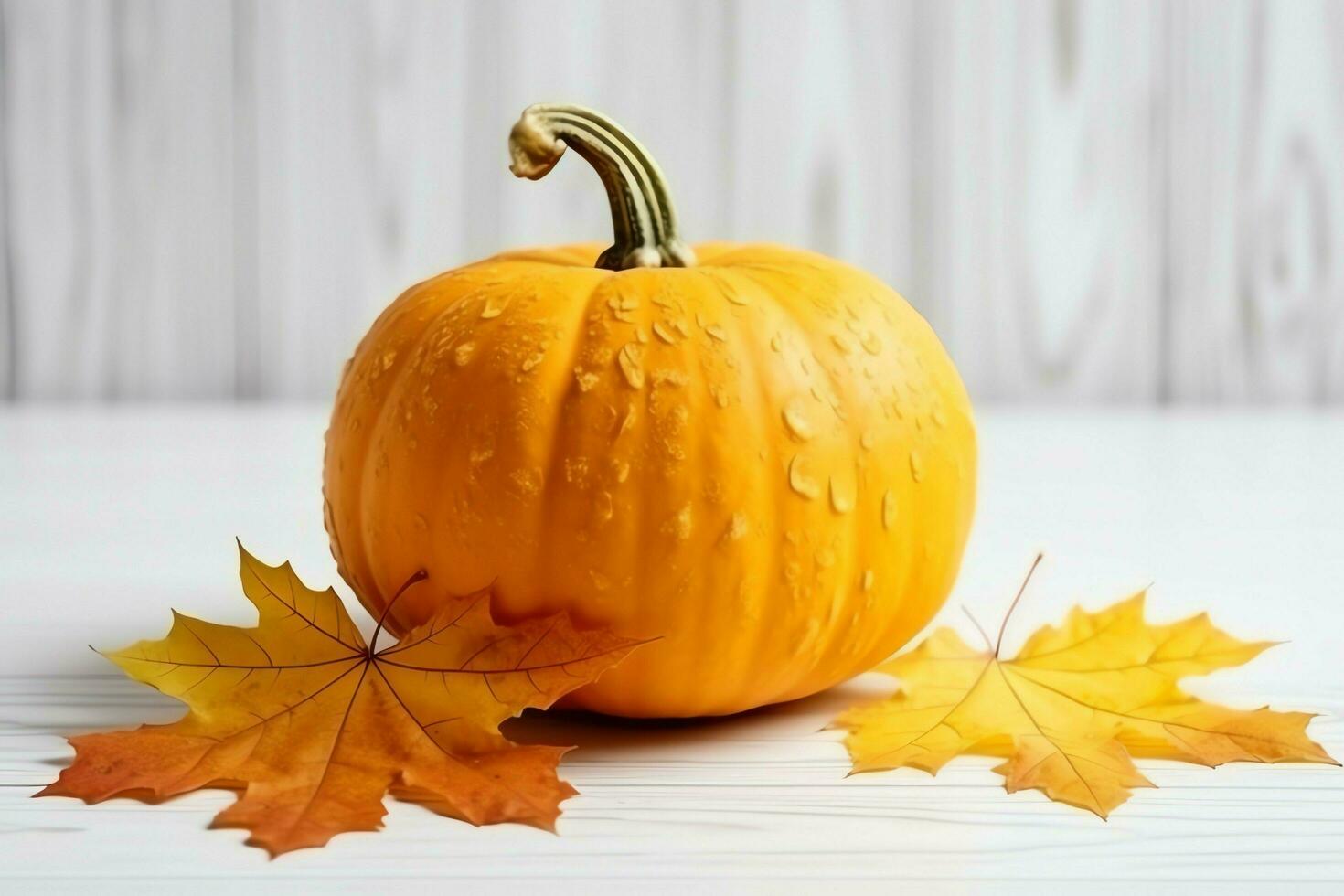 decorativo calabaza antecedentes y seco otoño hojas en de madera arreglo adentro. Víspera de Todos los Santos concepto por ai generado foto