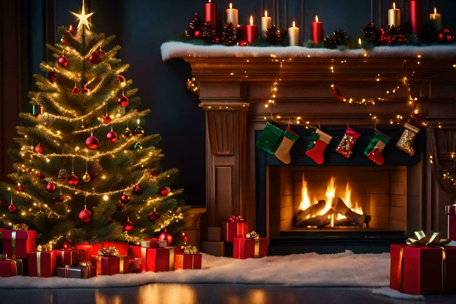 christmas tree and presents in front of fireplace. AI-Generated photo