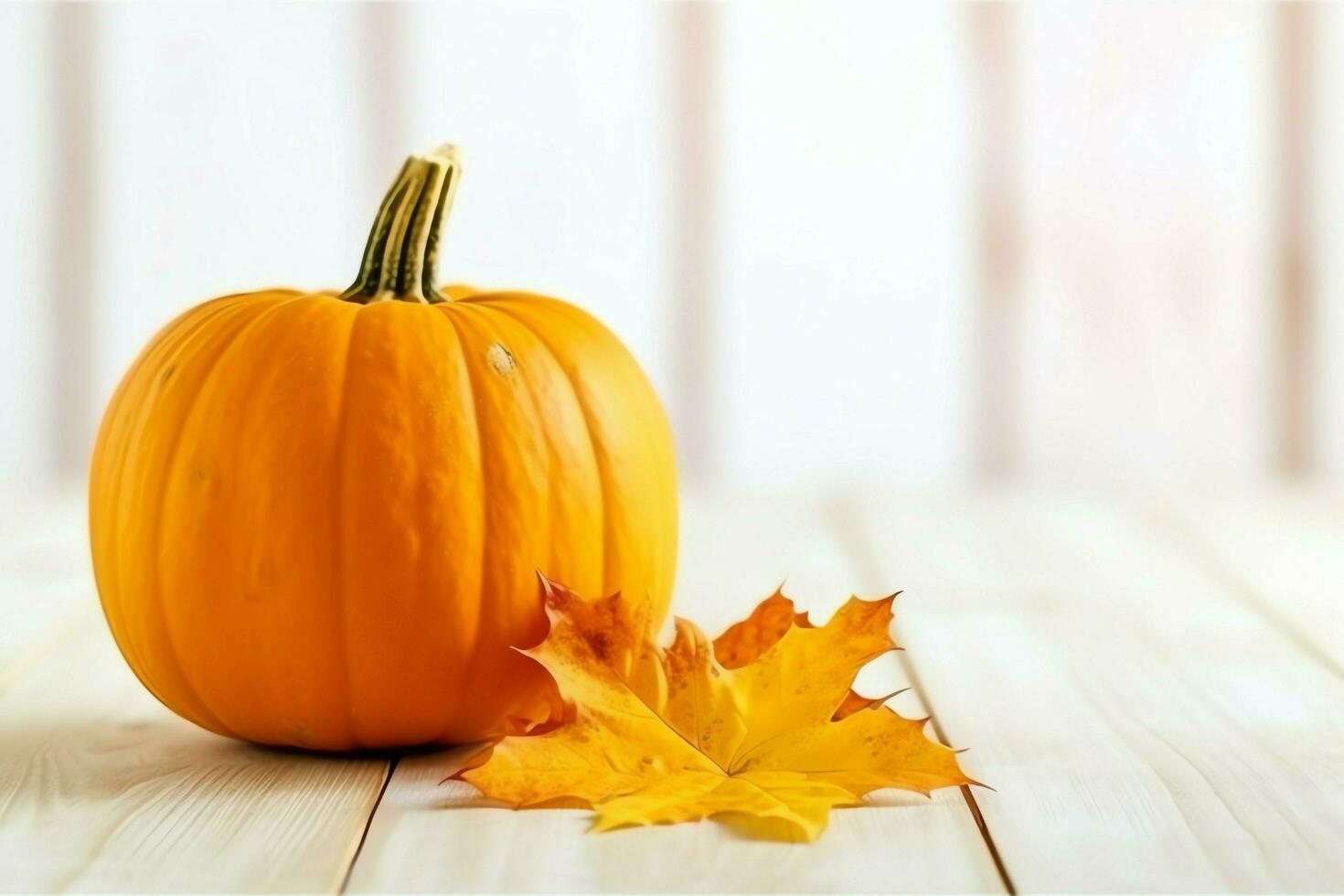 Decorative pumpkin background and dry autumn leaves on wooden arrangement indoors. Halloween concept by AI generated photo