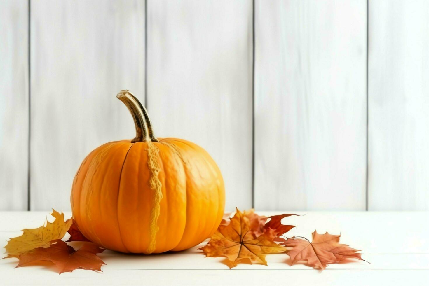 Decorative pumpkin background and dry autumn leaves on wooden arrangement indoors. Halloween concept by AI generated photo