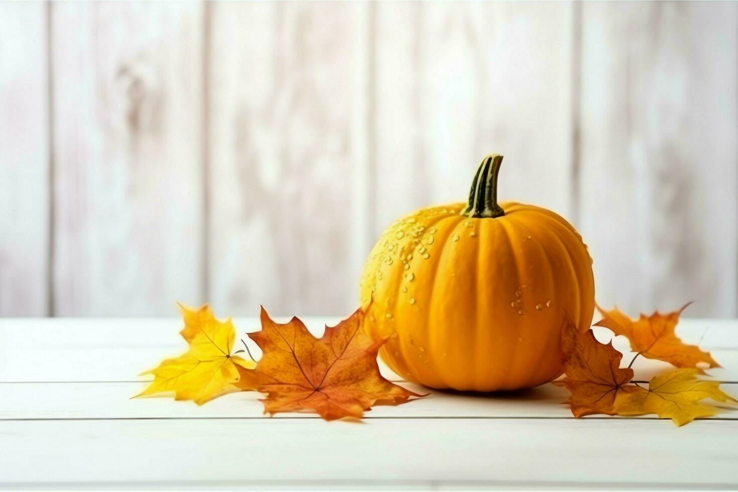 Decorative pumpkin background and dry autumn leaves on wooden arrangement indoors. Halloween concept by AI generated photo