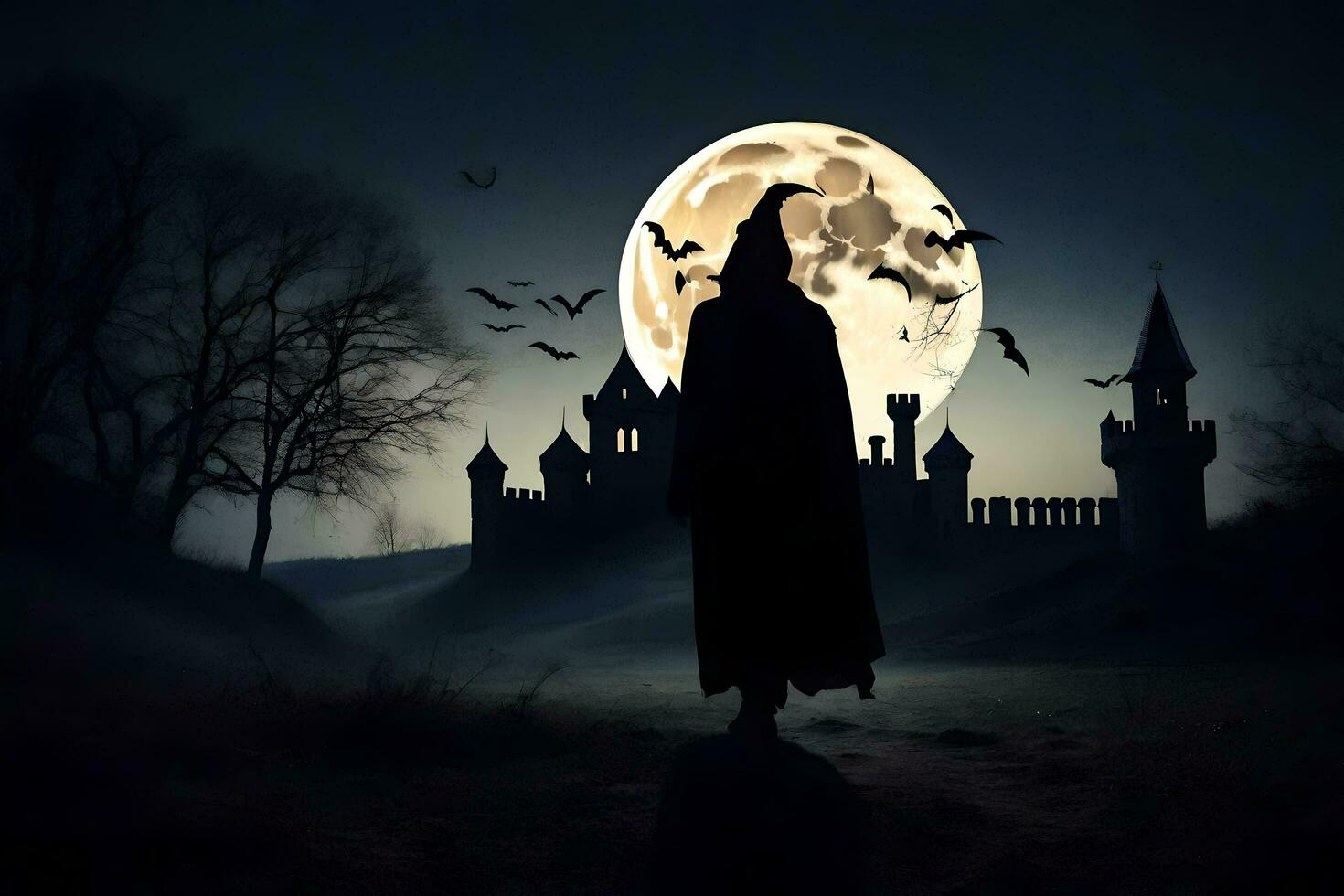 a witch standing in front of a castle with bats flying around. AI-Generated photo