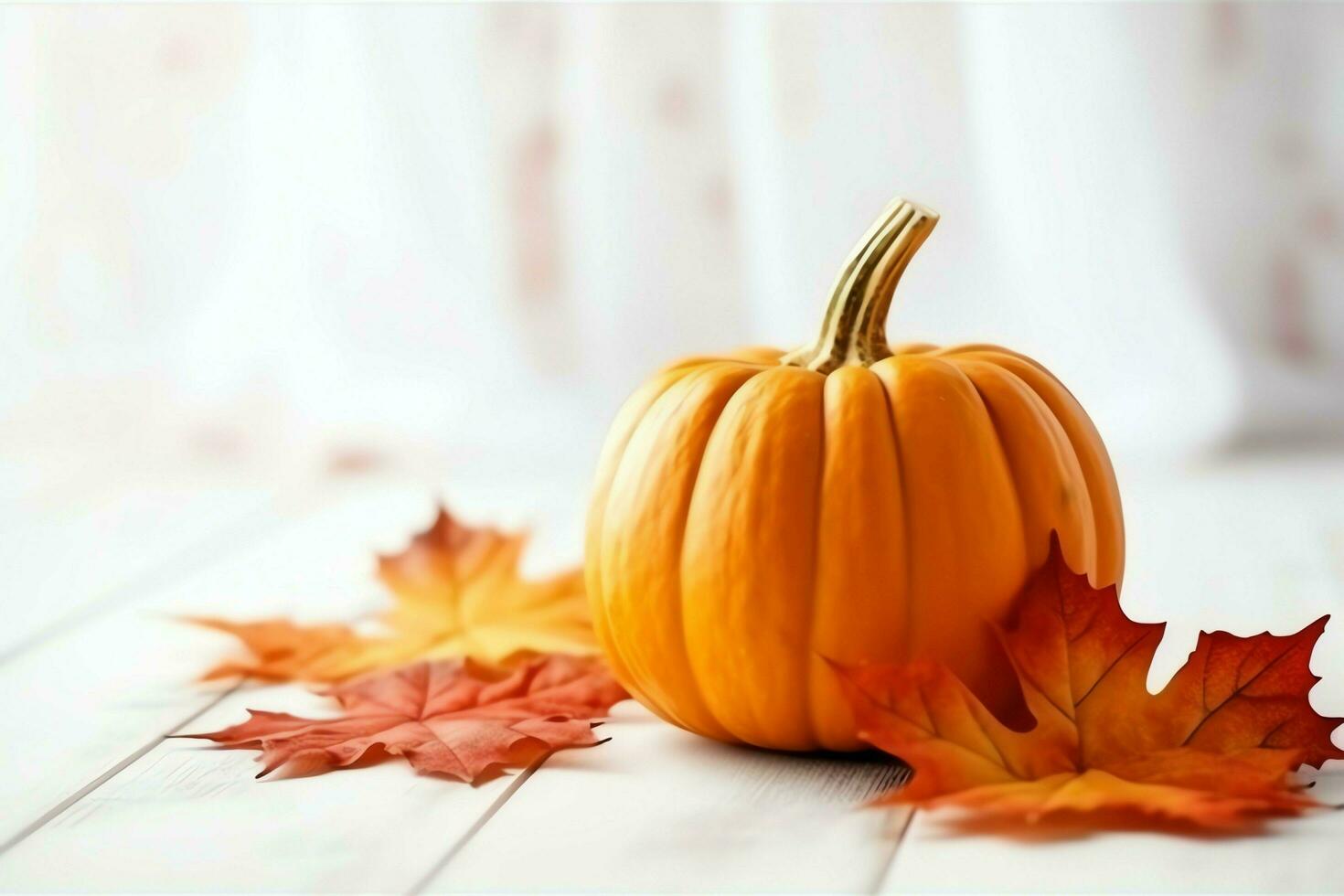Decorative pumpkin background and dry autumn leaves on wooden arrangement indoors. Halloween concept by AI generated photo