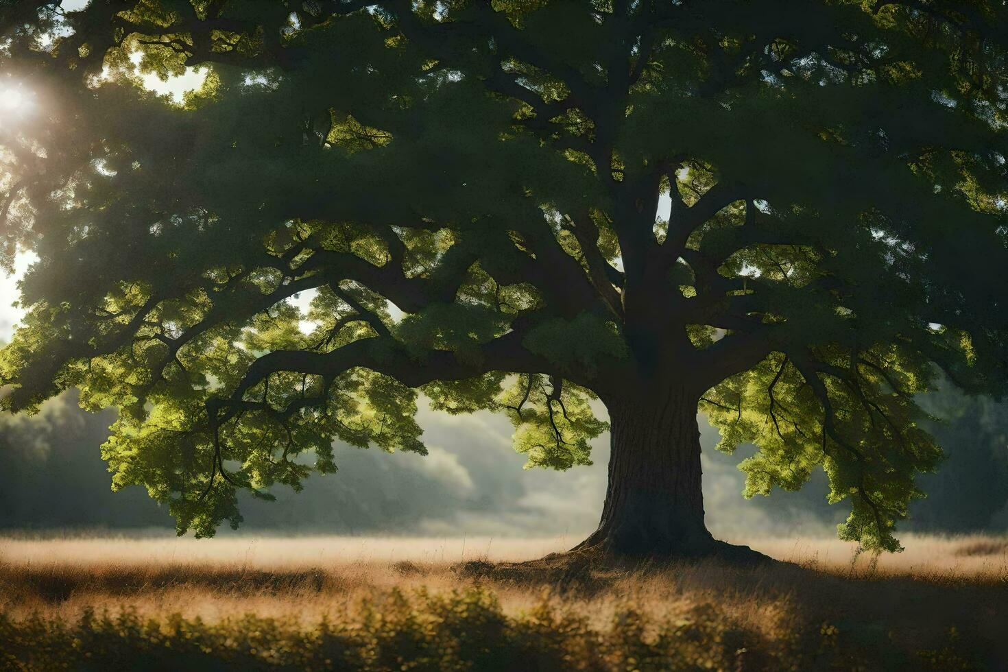 an oak tree in the middle of a field. AI-Generated photo