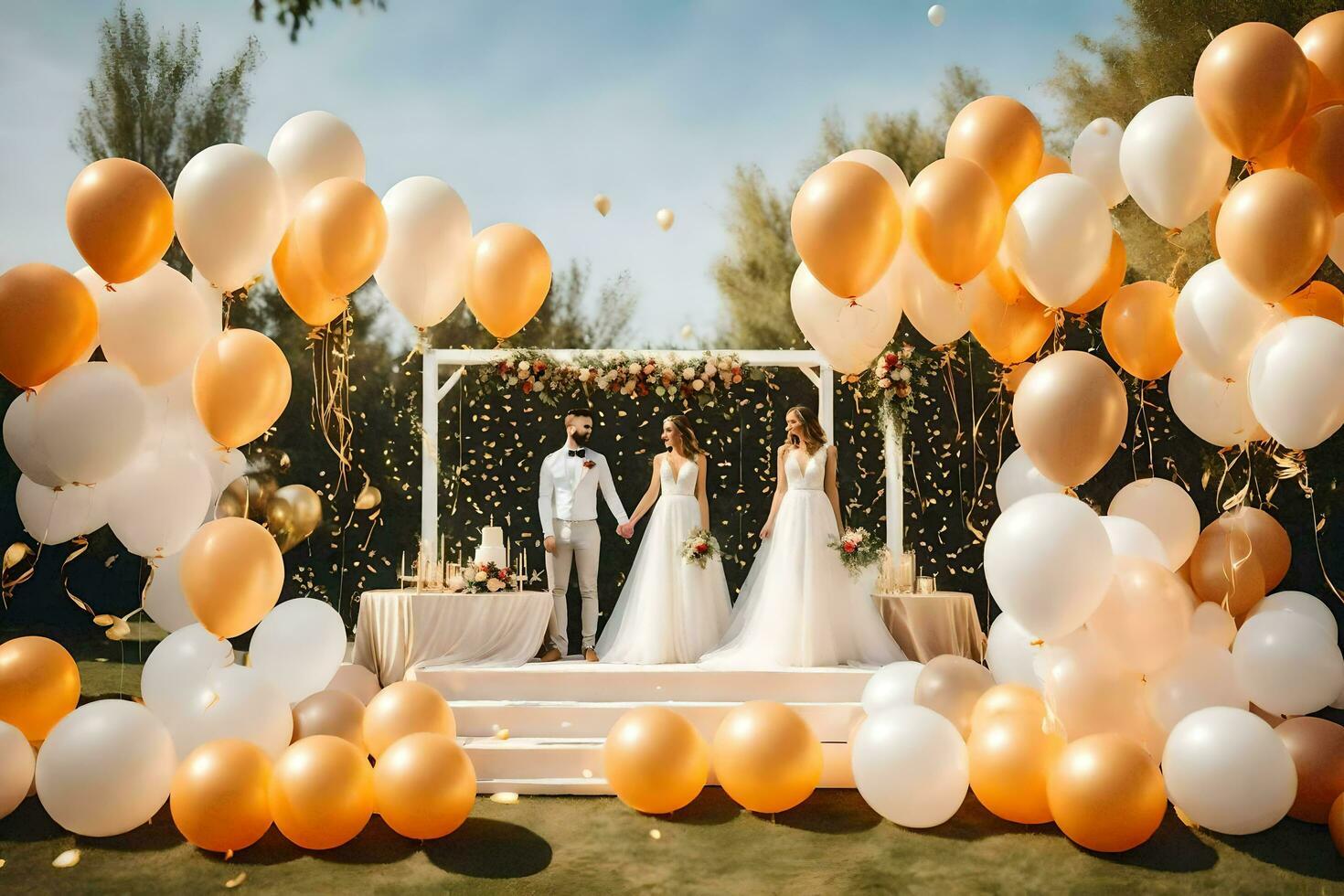 wedding couple standing under a white and gold balloon arch. AI-Generated photo