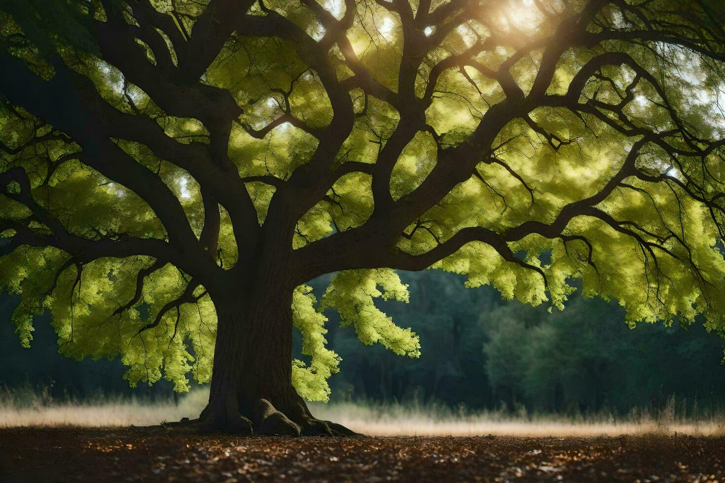 a large tree in the middle of a field. AI-Generated photo