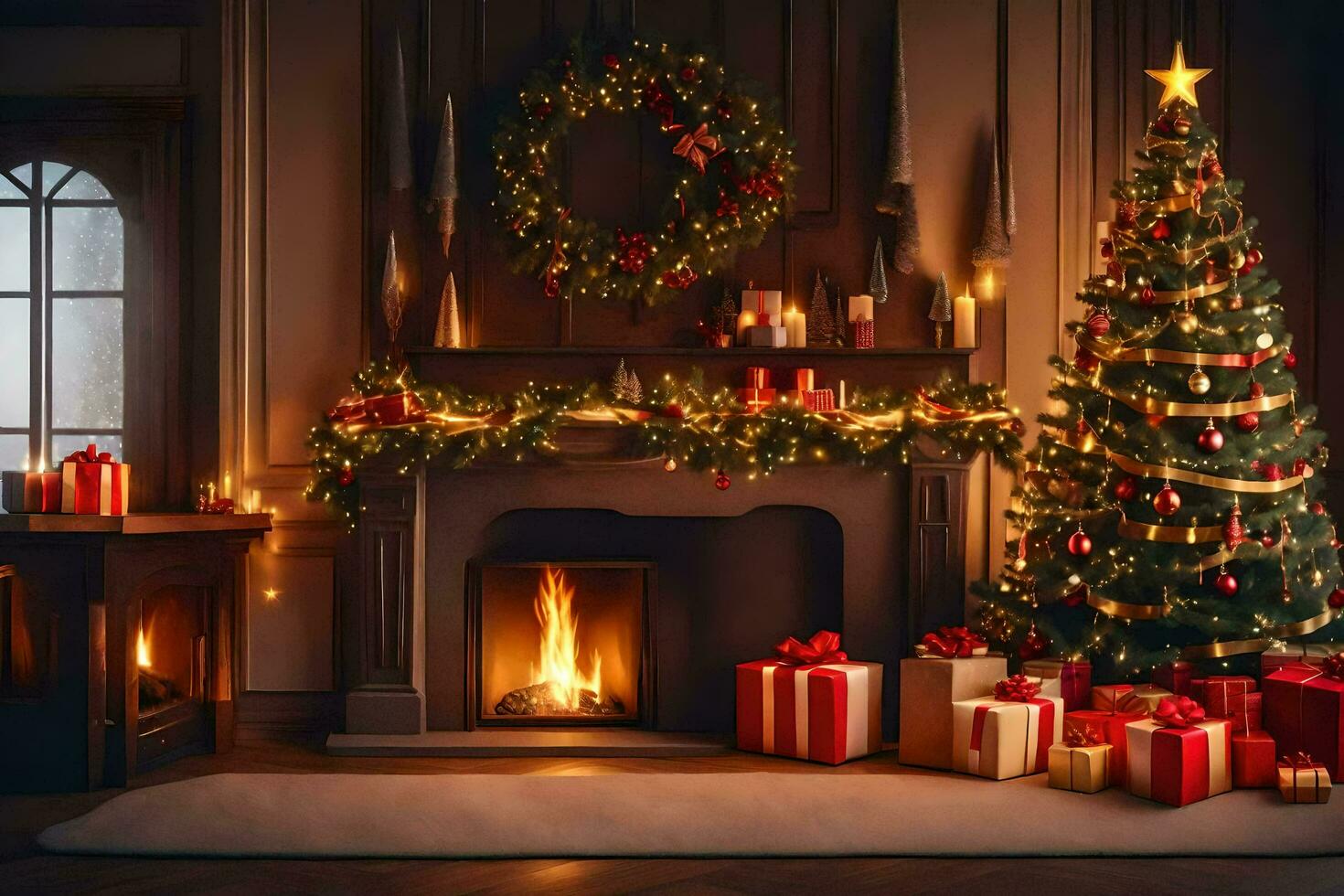 christmas tree and presents in a room with a fireplace. AI-Generated photo