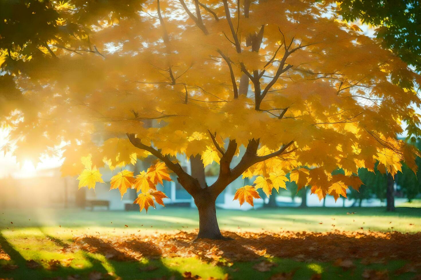 a tree with yellow leaves in the sun. AI-Generated photo