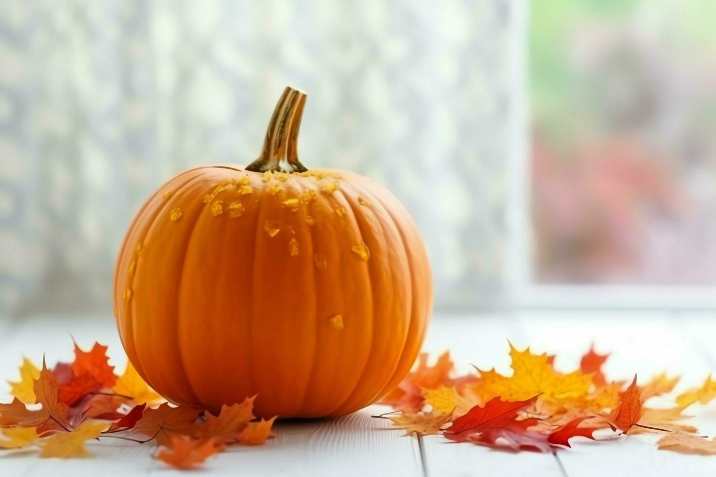 Decorative pumpkin background and dry autumn leaves on wooden arrangement indoors. Halloween concept by AI generated photo