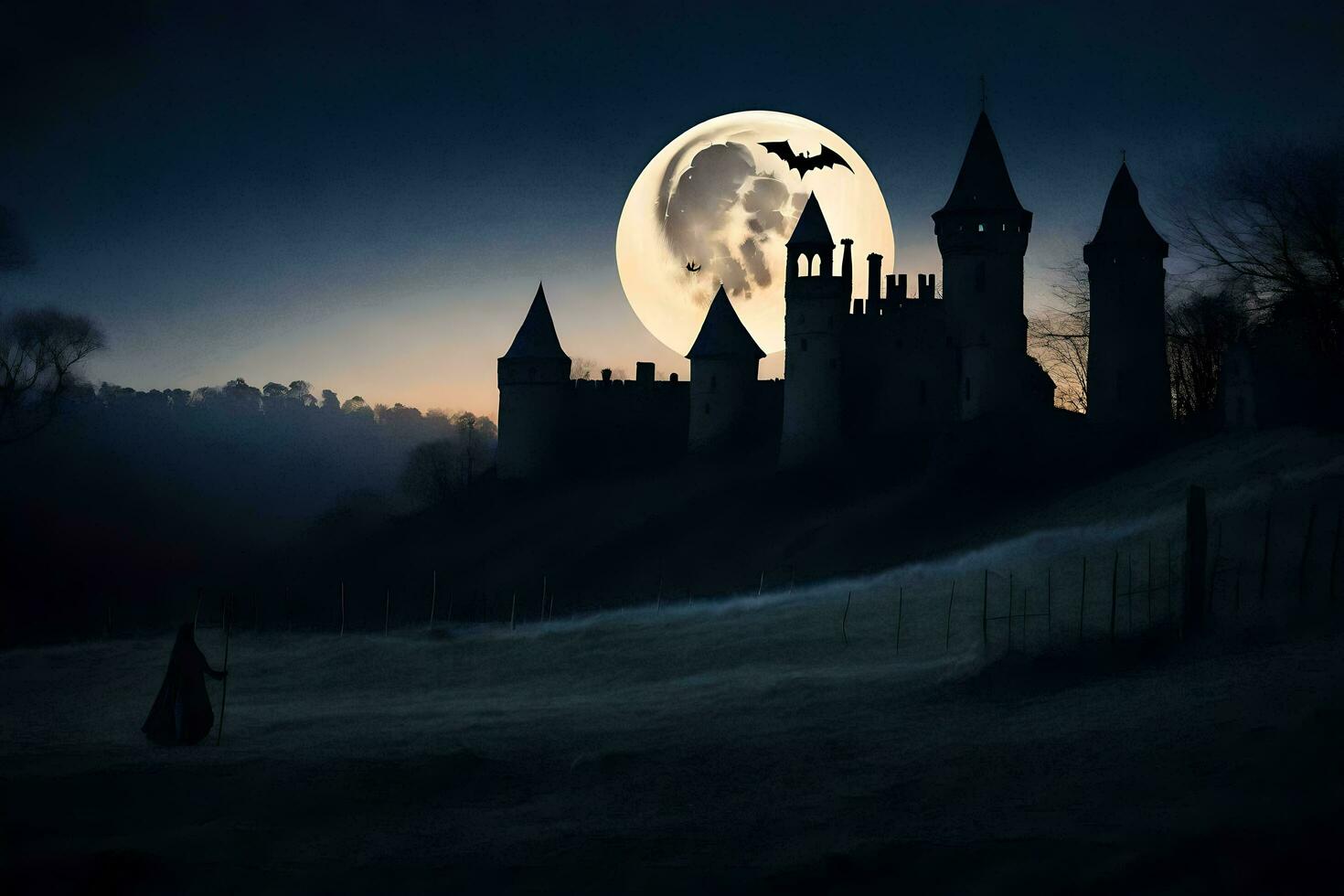 a castle with a full moon in the background. AI-Generated photo