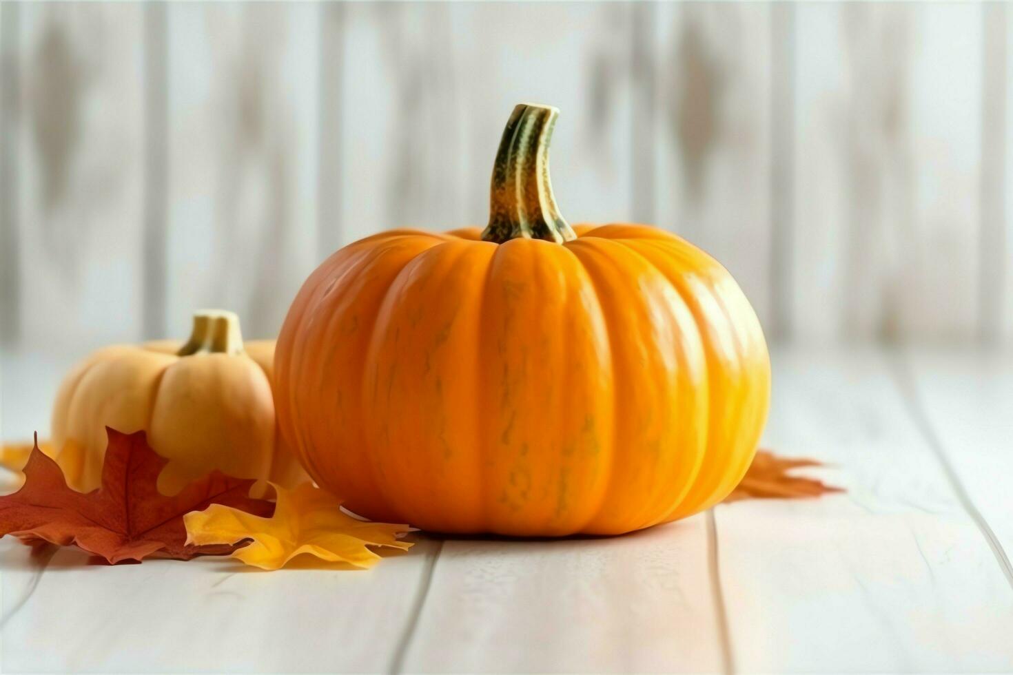 Decorative pumpkin background and dry autumn leaves on wooden arrangement indoors. Halloween concept by AI generated photo