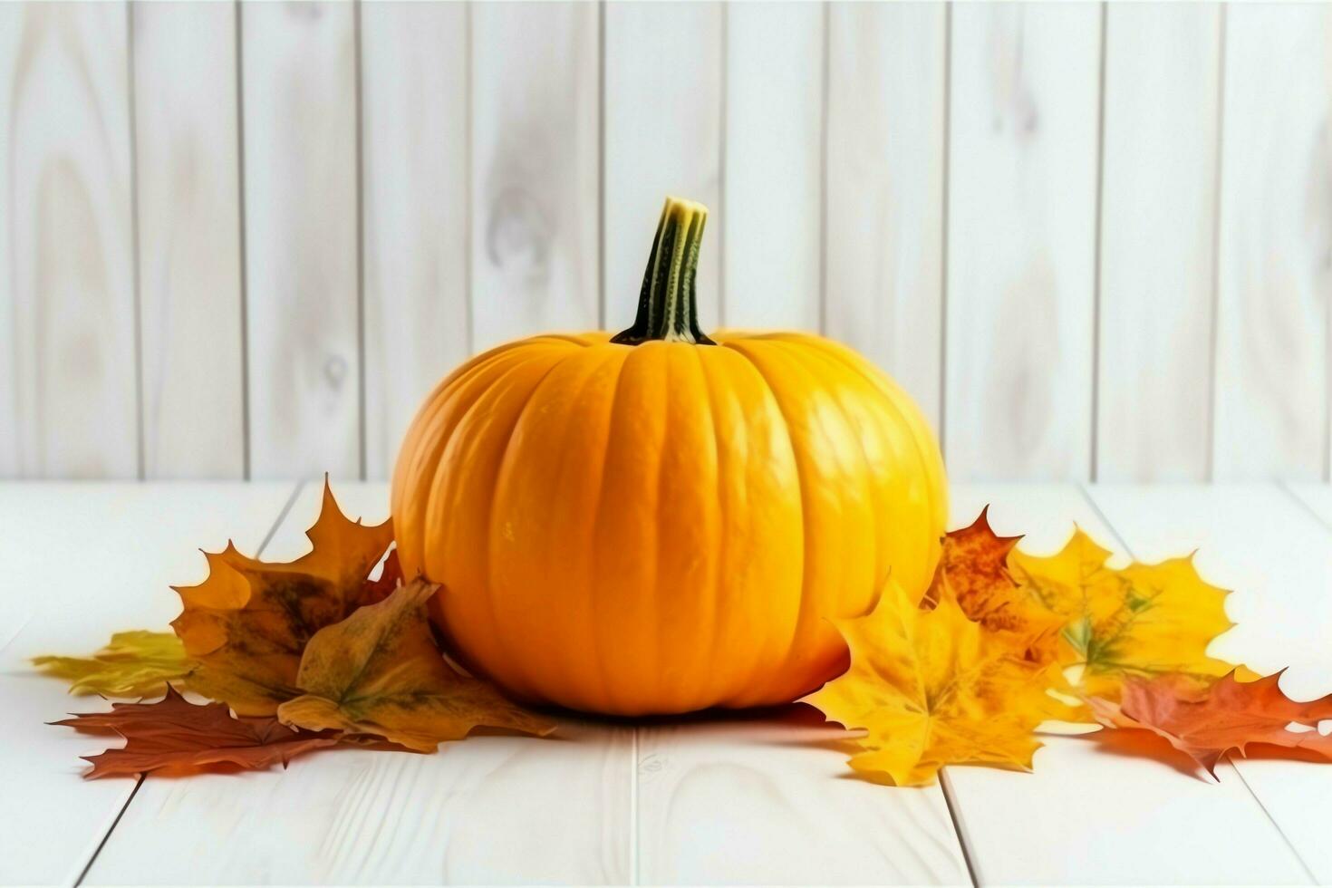 decorativo calabaza antecedentes y seco otoño hojas en de madera arreglo adentro. Víspera de Todos los Santos concepto por ai generado foto