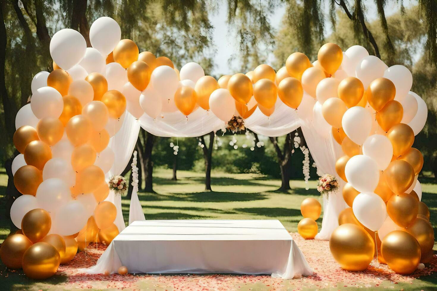 a wedding arch with white and gold balloons. AI-Generated photo