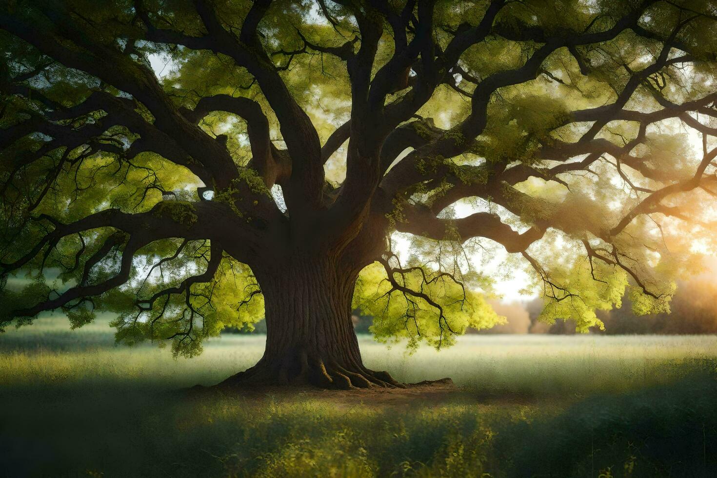 the sun shines through the leaves of an old oak tree. AI-Generated photo