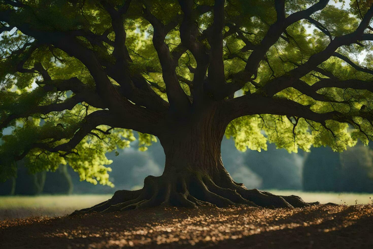 a large tree with roots in the ground. AI-Generated photo