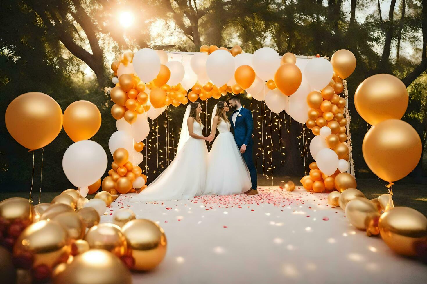 wedding couple under a golden arch with balloons. AI-Generated photo