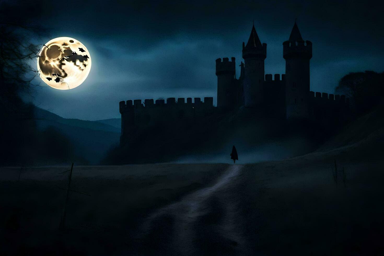 a castle in the dark with a full moon. AI-Generated photo