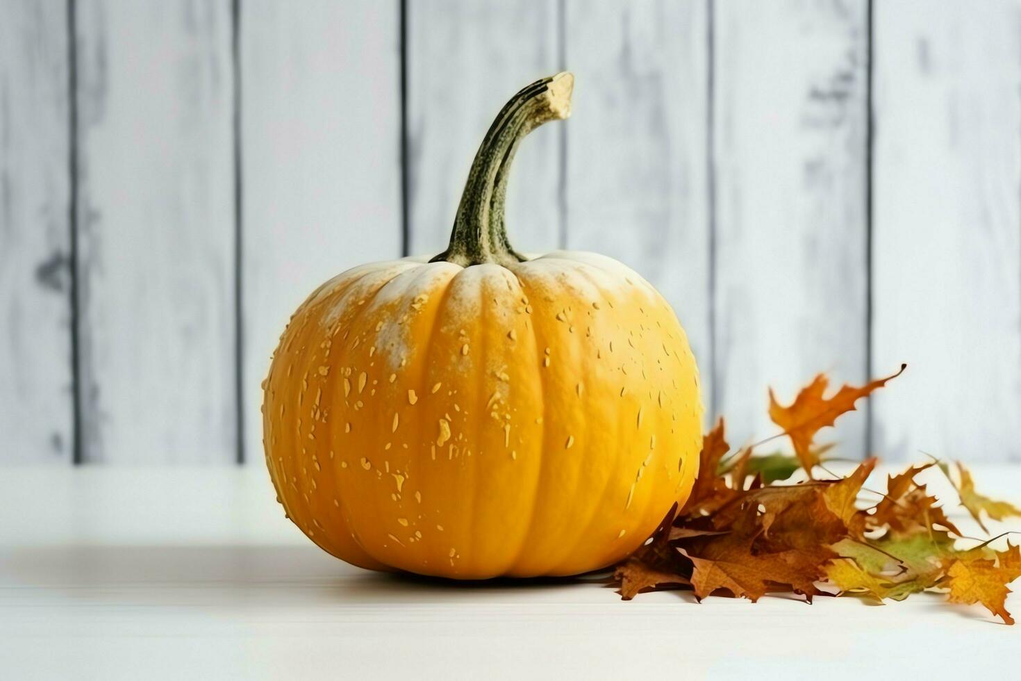 Decorative pumpkin background and dry autumn leaves on wooden arrangement indoors. Halloween concept by AI generated photo