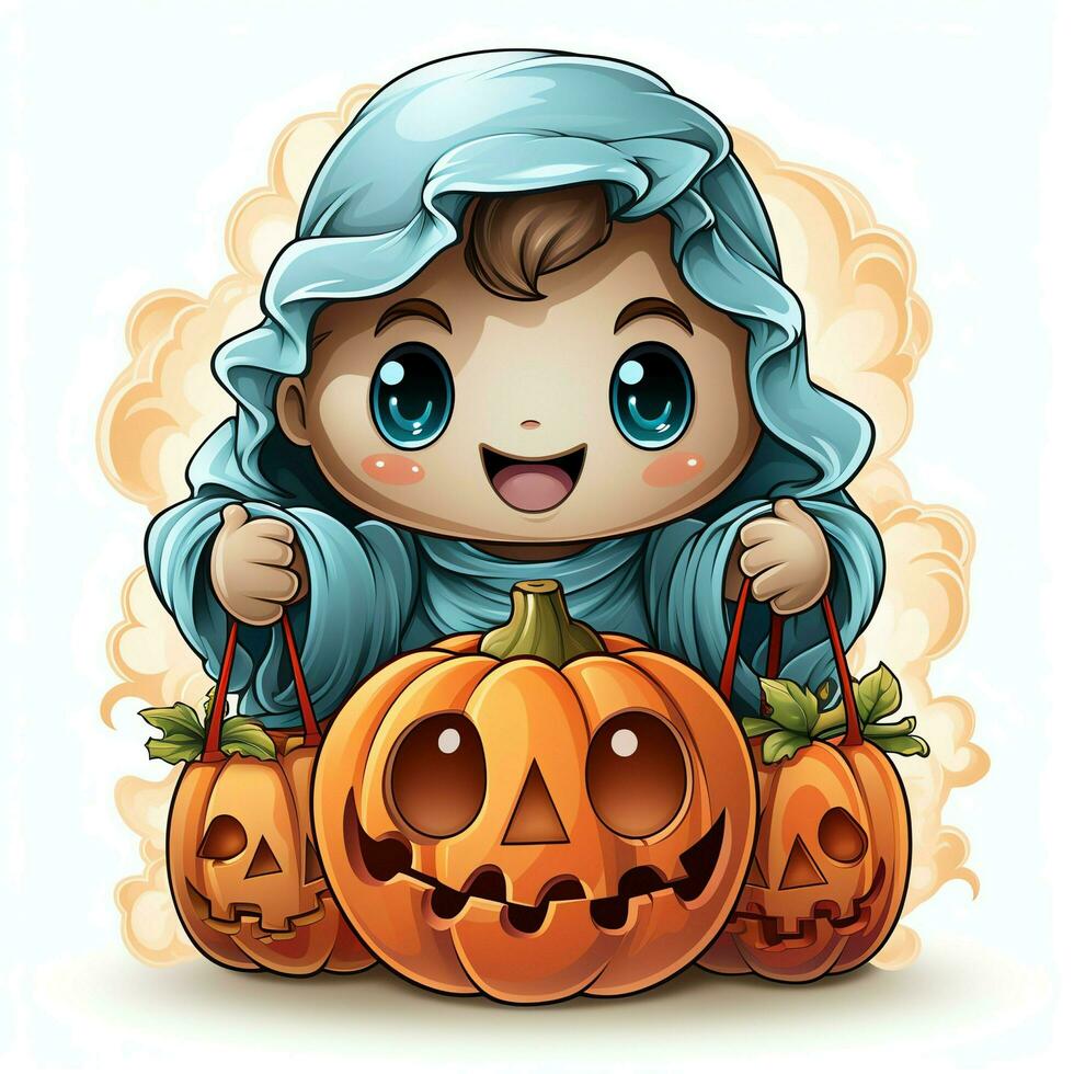 A funny ghosts on halloween celebration in a cemetery at night in cute cartoon style. Halloween by AI generated photo