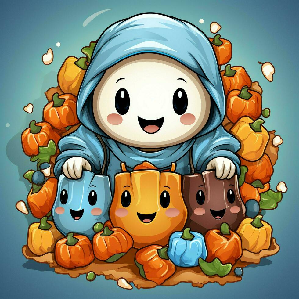 A funny ghosts on halloween celebration in a cemetery at night in cute cartoon style. Halloween by AI generated photo
