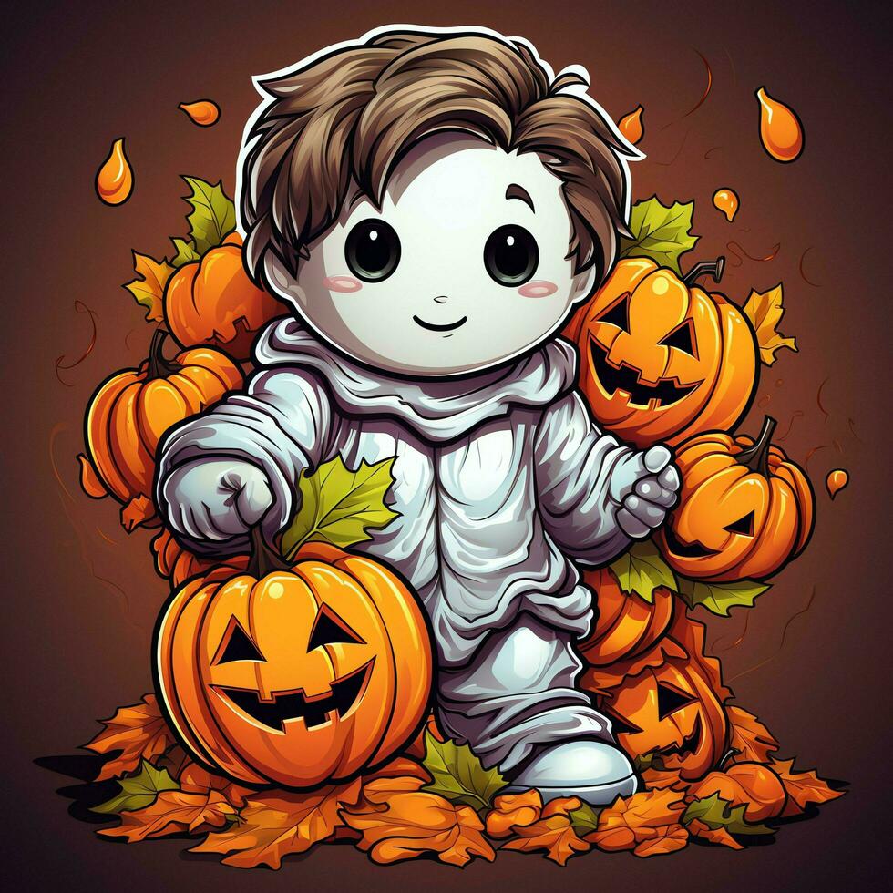 A funny ghosts on halloween celebration in a cemetery at night in cute cartoon style. Halloween by AI generated photo