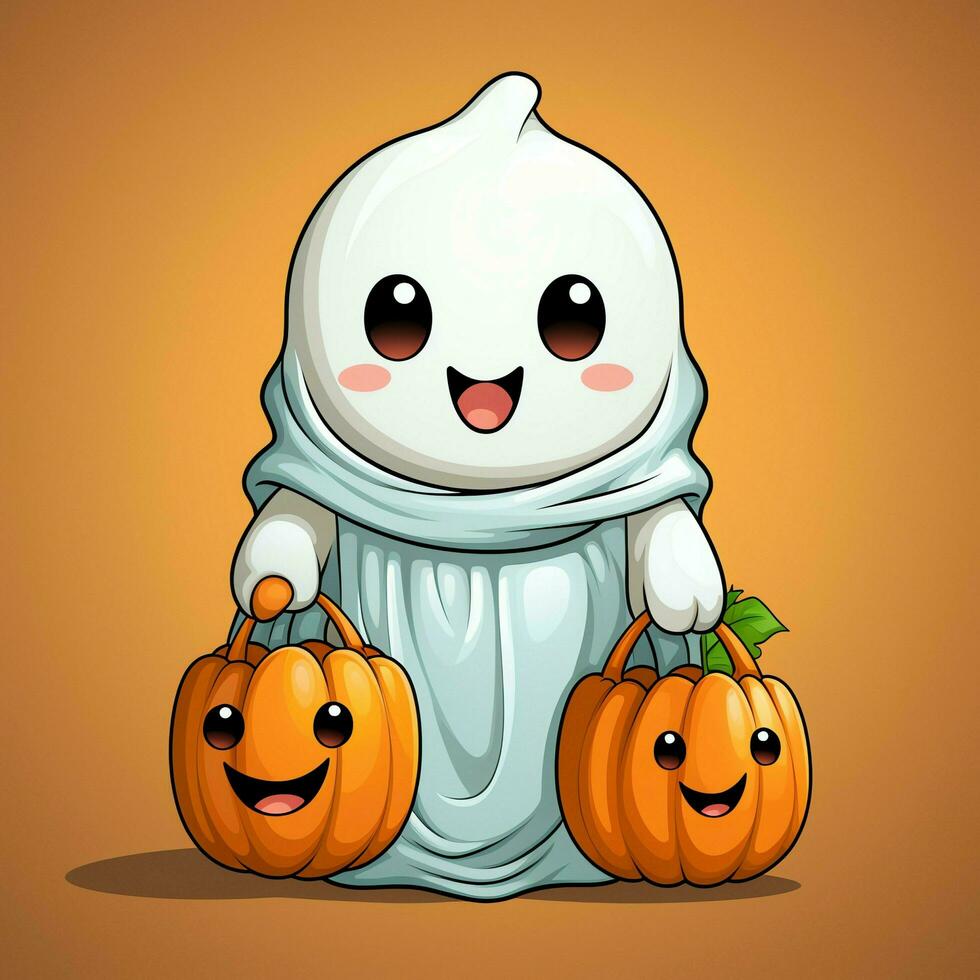 A funny ghosts on halloween celebration in a cemetery at night in cute cartoon style. Halloween by AI generated photo