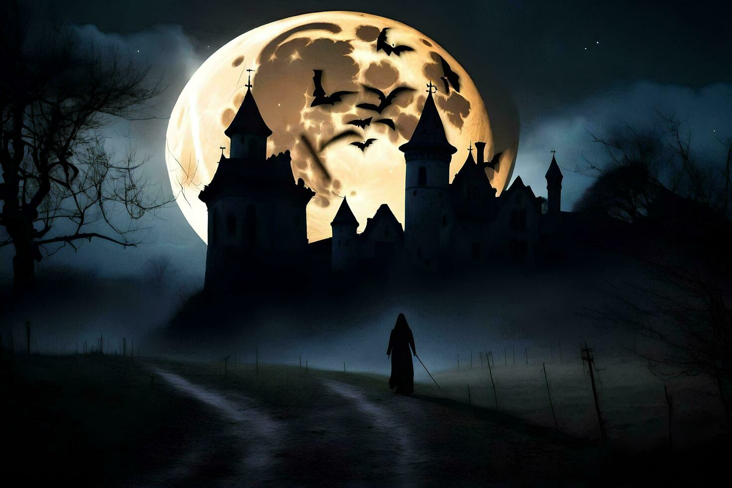 halloween castle with bats flying over it at night. AI-Generated photo