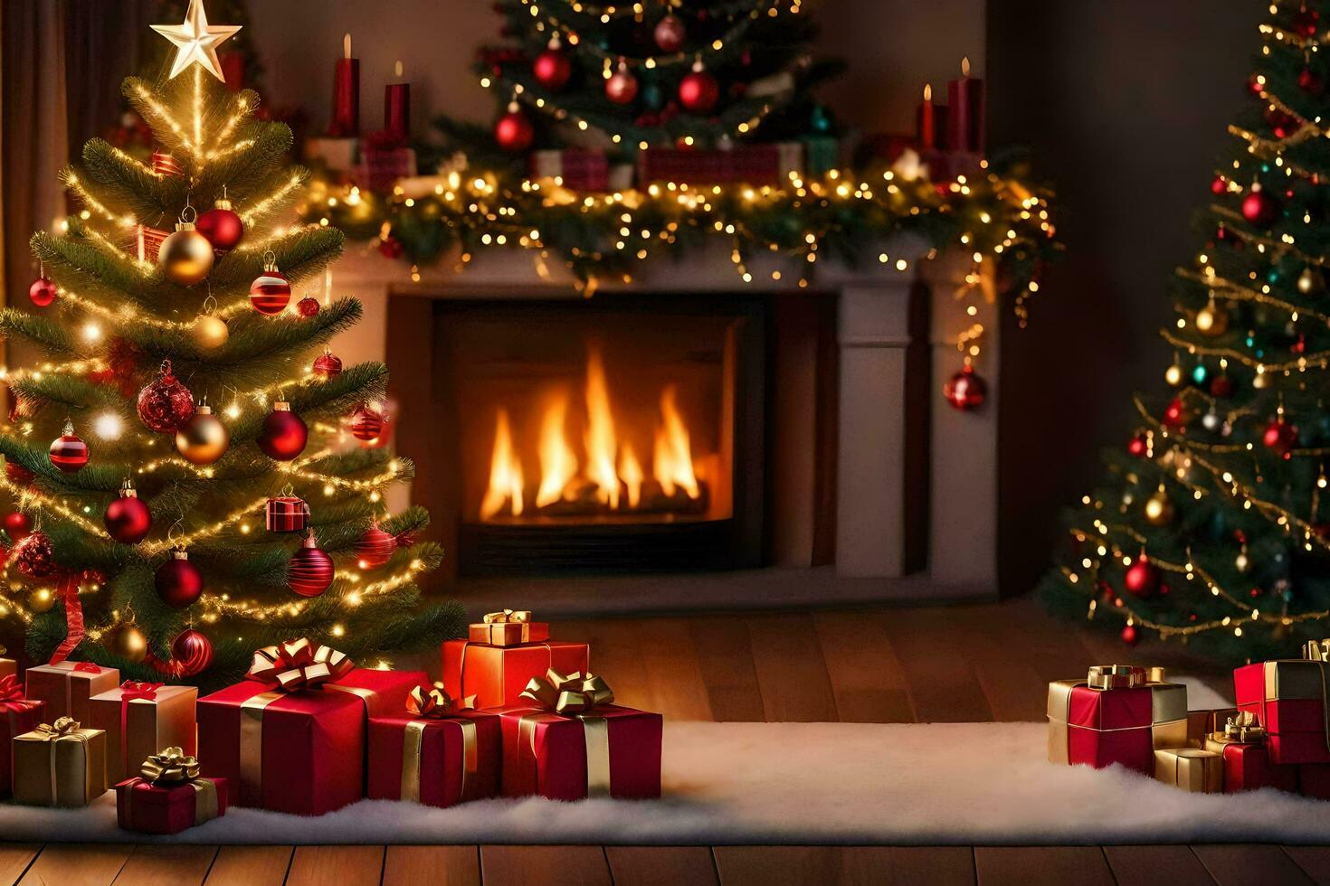 christmas tree and presents in front of fireplace. AI-Generated ...