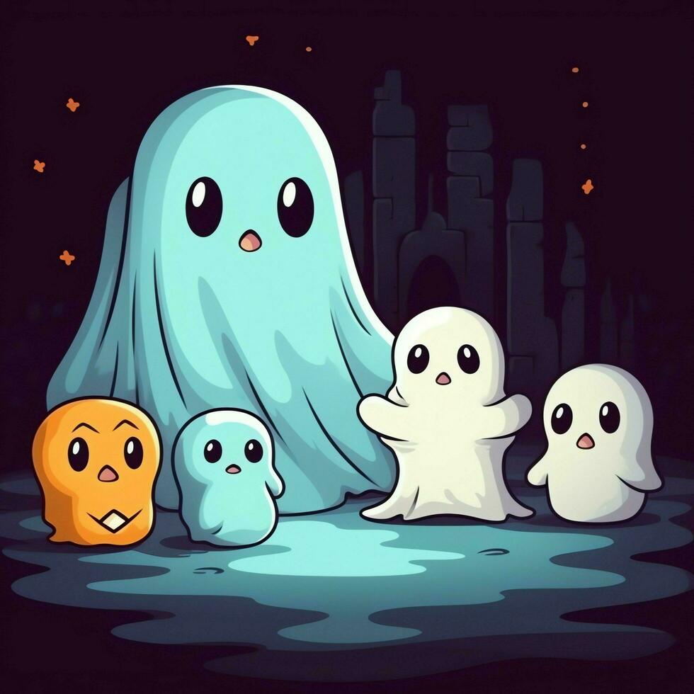 A funny ghosts on halloween celebration in a cemetery at night in cute cartoon style. Halloween by AI generated photo