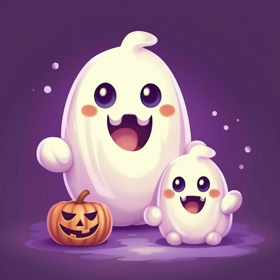 A funny ghosts on halloween celebration in a cemetery at night in cute cartoon style. Halloween by AI generated photo