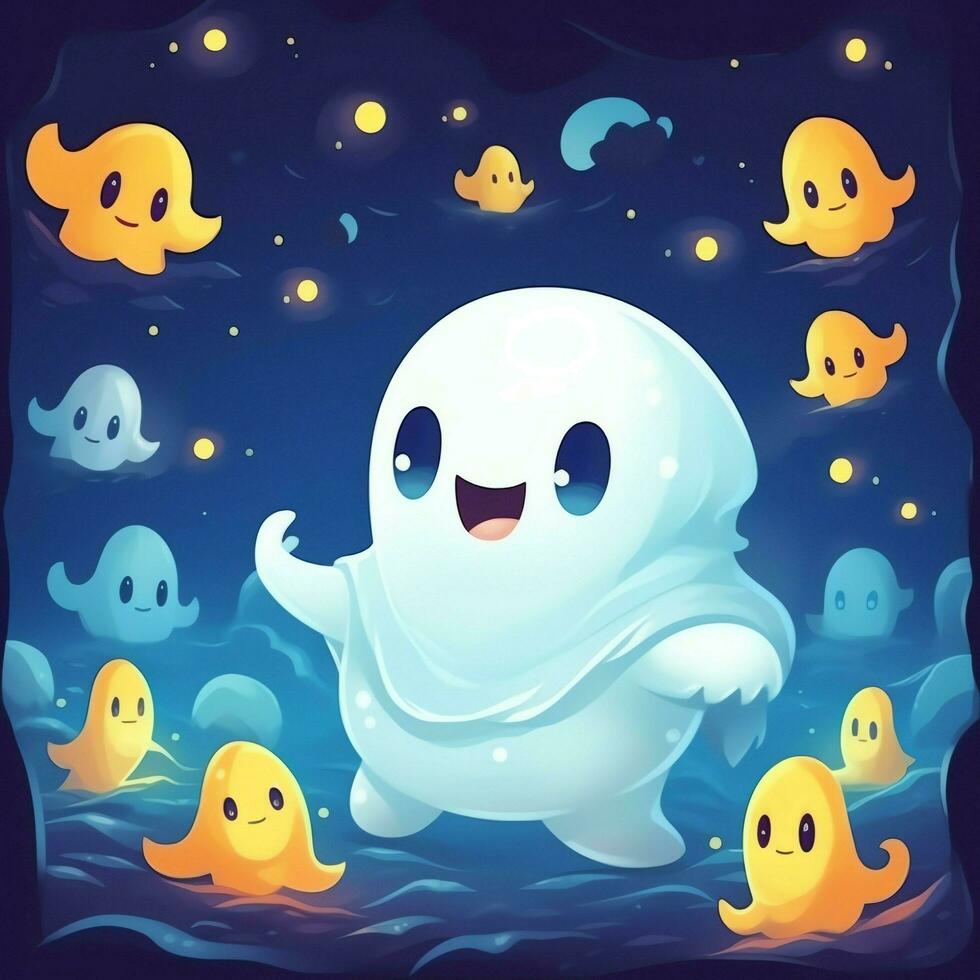 A funny ghosts on halloween celebration in a cemetery at night in cute cartoon style. Halloween by AI generated photo