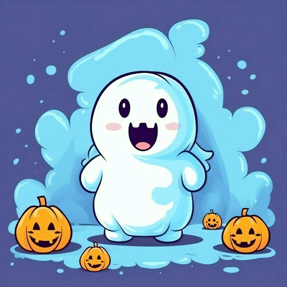 A funny ghosts on halloween celebration in a cemetery at night in cute cartoon style. Halloween by AI generated photo