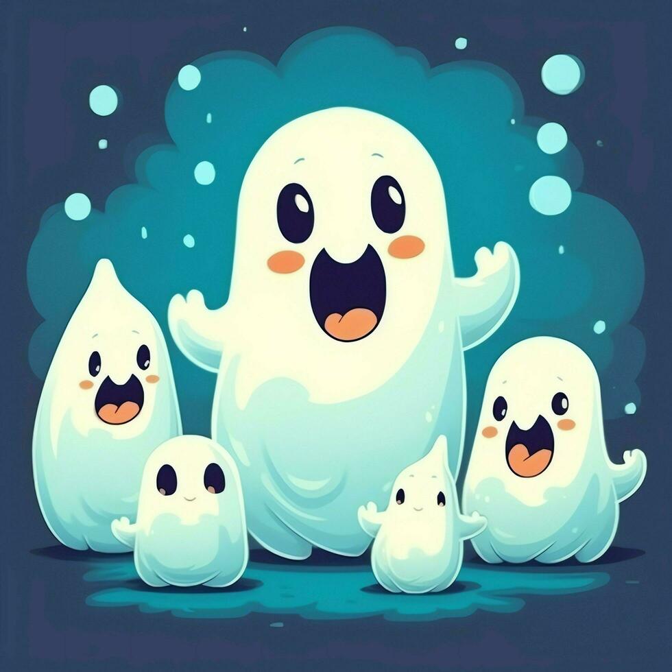 A funny ghosts on halloween celebration in a cemetery at night in cute cartoon style. Halloween by AI generated photo