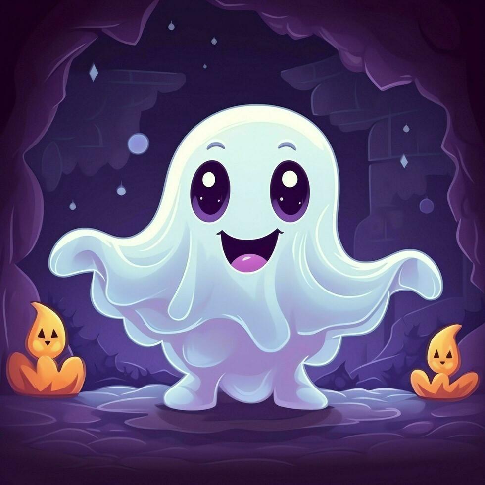 A funny ghosts on halloween celebration in a cemetery at night in cute cartoon style. Halloween by AI generated photo