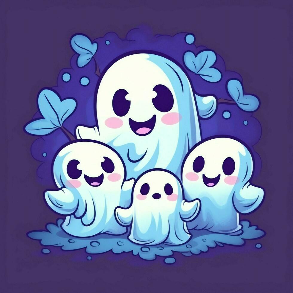 A funny ghosts on halloween celebration in a cemetery at night in cute cartoon style. Halloween by AI generated photo