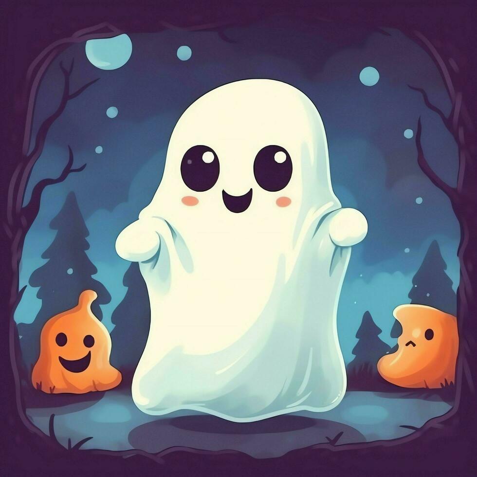 A funny ghosts on halloween celebration in a cemetery at night in cute cartoon style. Halloween by AI generated photo