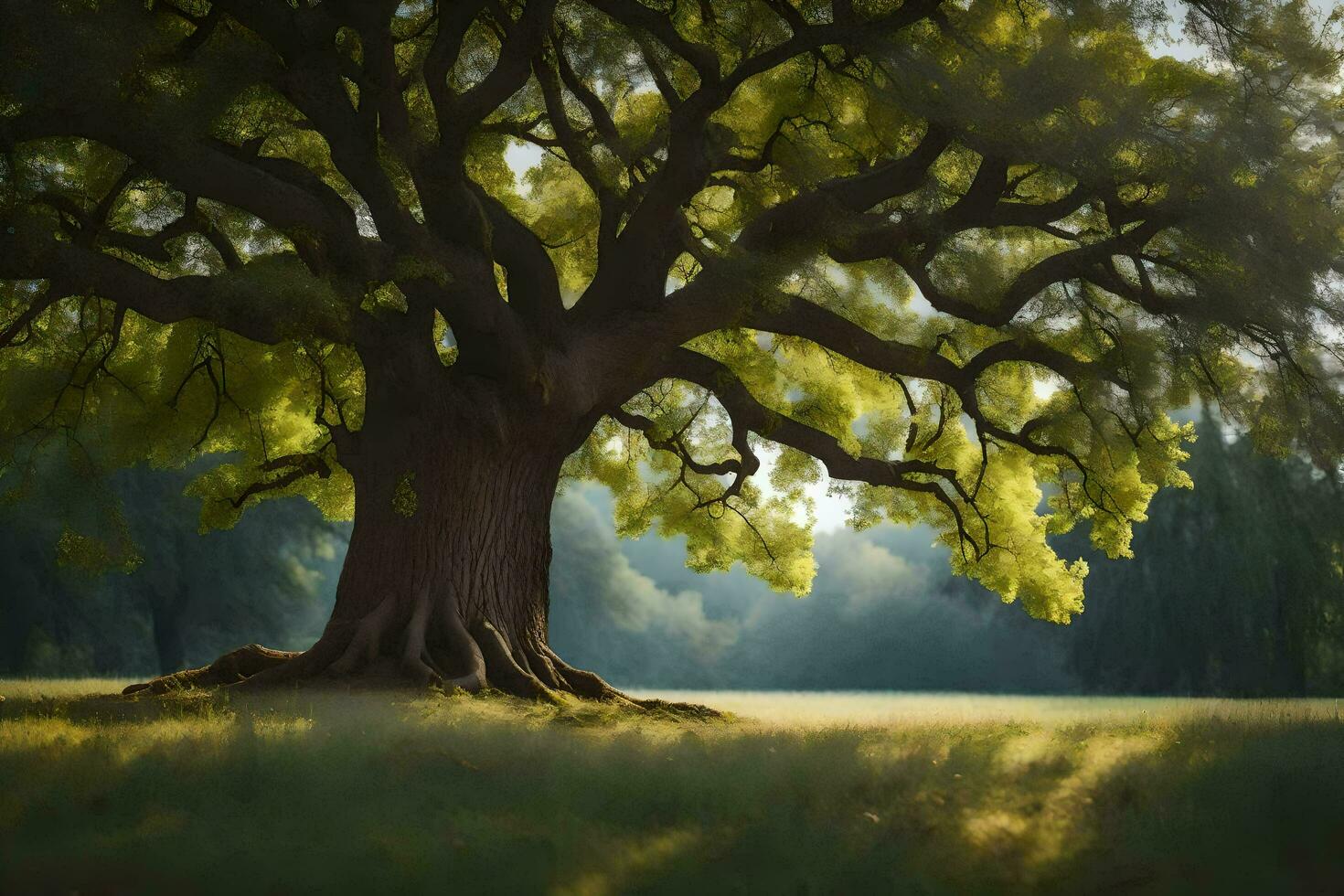 an old oak tree in the middle of a field. AI-Generated photo