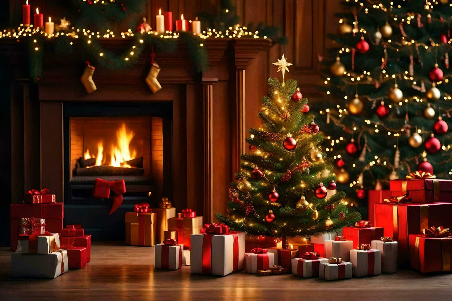 christmas tree and presents in front of fireplace. AI-Generated photo