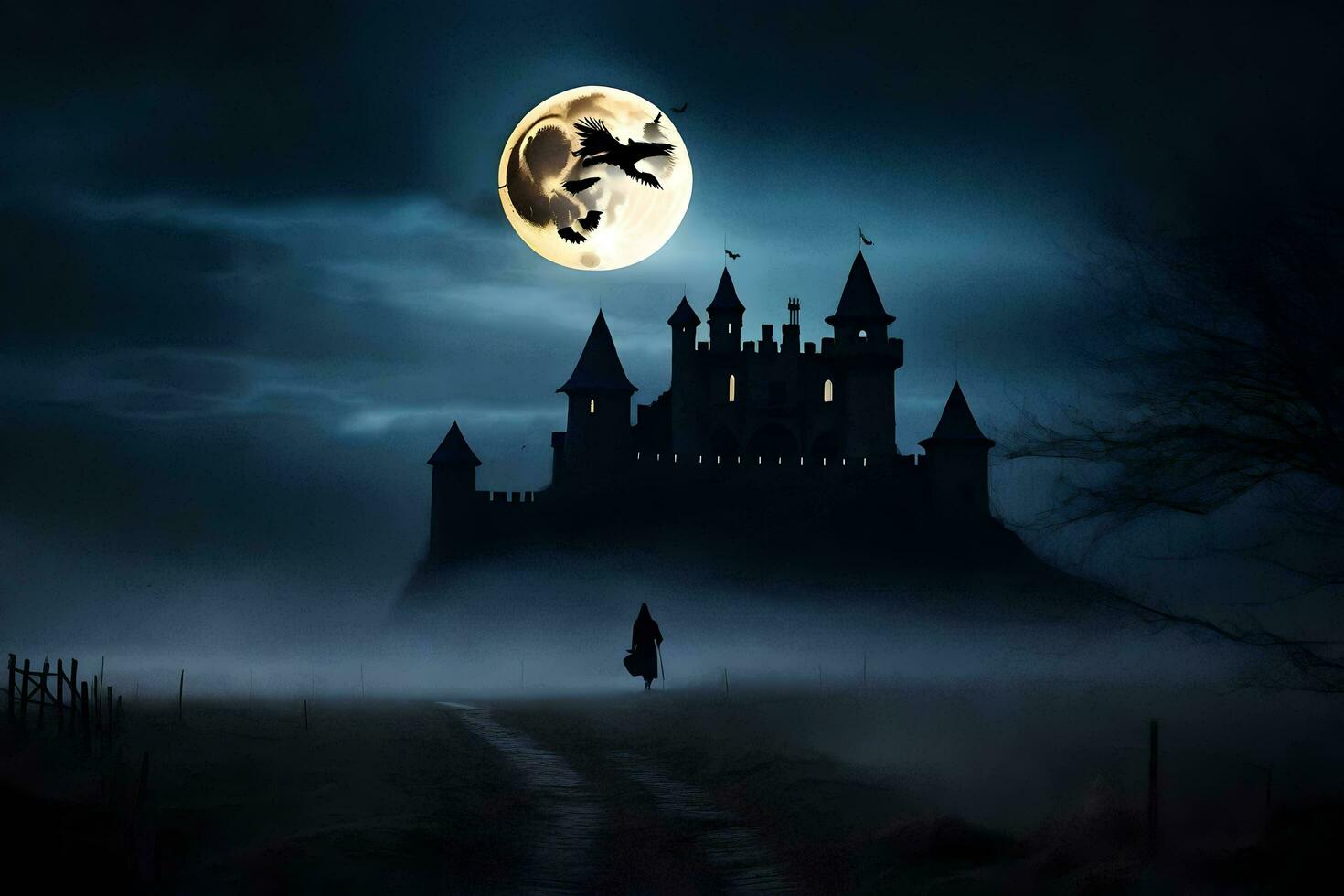 a witch flying over a castle in the fog. AI-Generated photo
