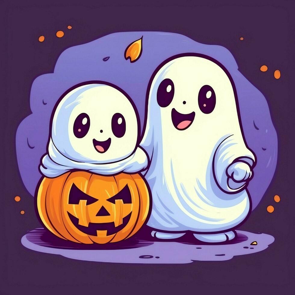 A funny ghosts on halloween celebration in a cemetery at night in cute cartoon style. Halloween by AI generated photo