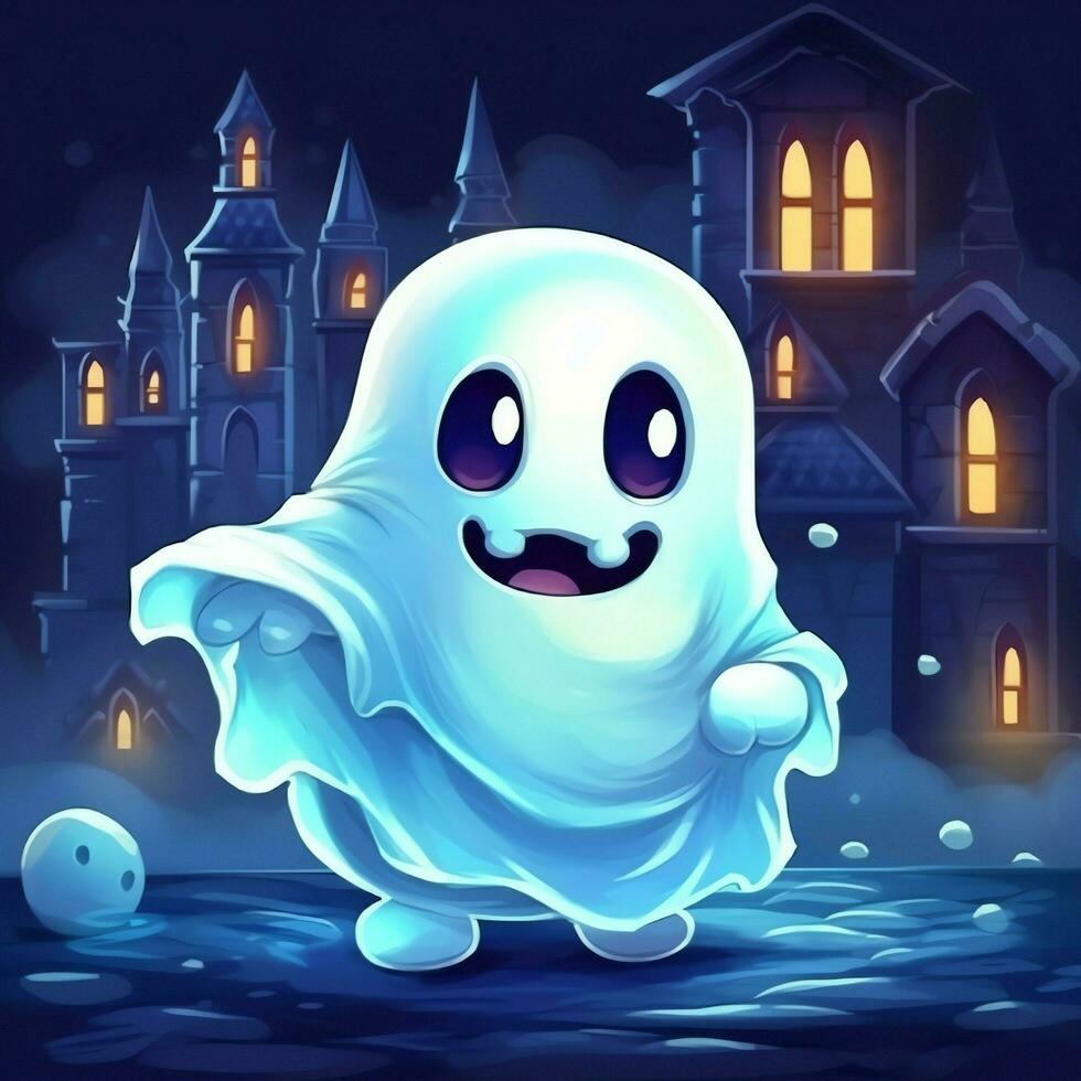 A funny ghosts on halloween celebration in a cemetery at night in cute cartoon style. Halloween by AI generated photo