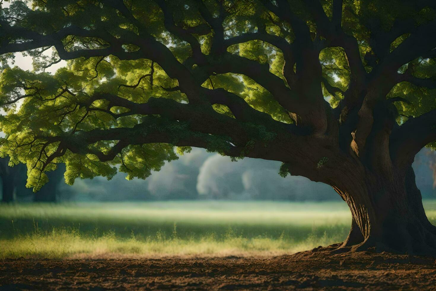 a large tree in the middle of a field. AI-Generated photo