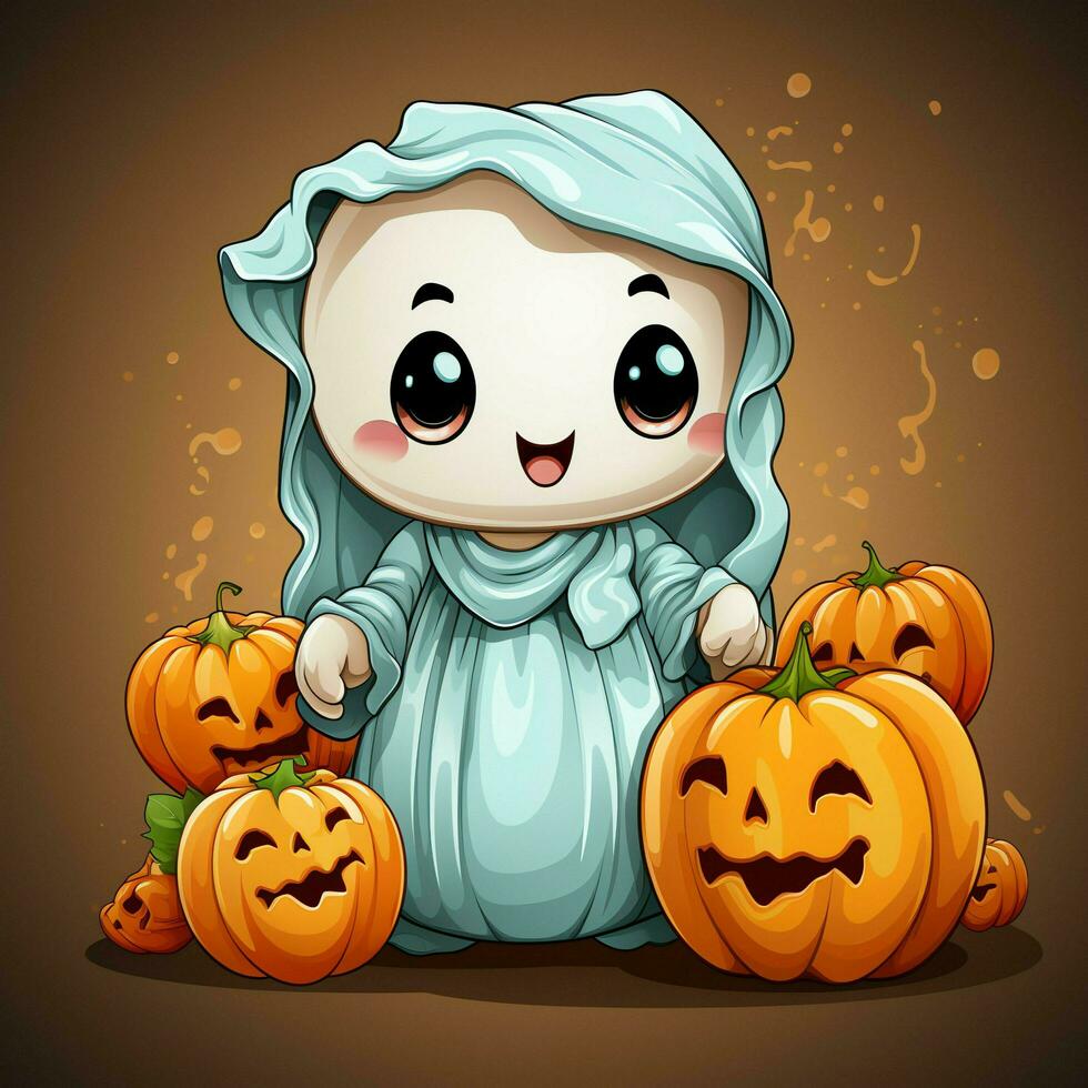 A funny ghosts on halloween celebration in a cemetery at night in cute cartoon style. Halloween by AI generated photo